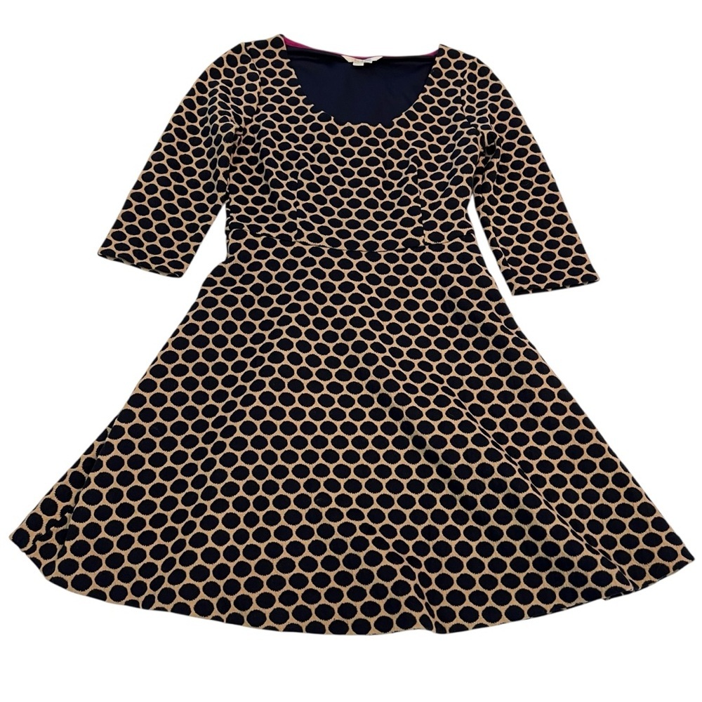 Boden Dress 4P Navy Tan Polka Dot Fit Flare Textured Lined Scoop Neck Petite
